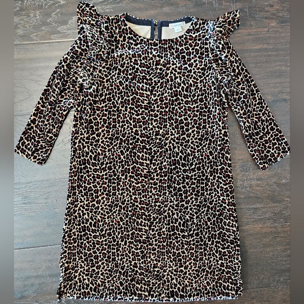 J.Crew Crewcuts Leopard Velour Long-Sleeve Dress w/ Shoulder Flounce Detail